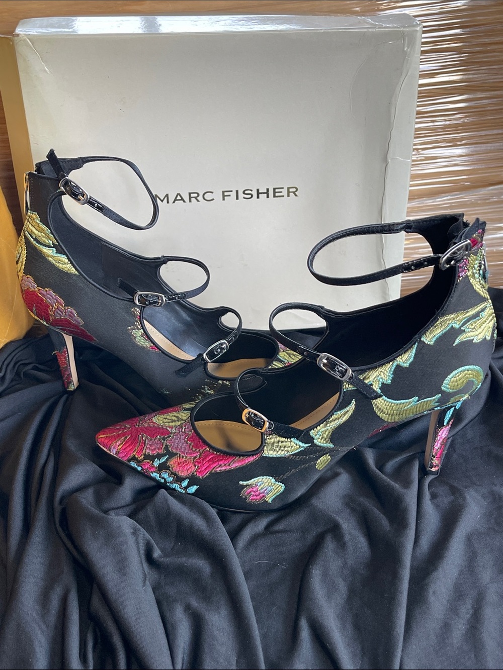 Marc Fisher Black Floral Embroidered Strappy Pumps